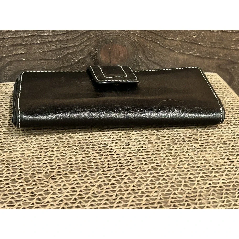 Fossil Trifold Wallet Womens Black Leather Checkbook Pen Holder Change‎ Cards
